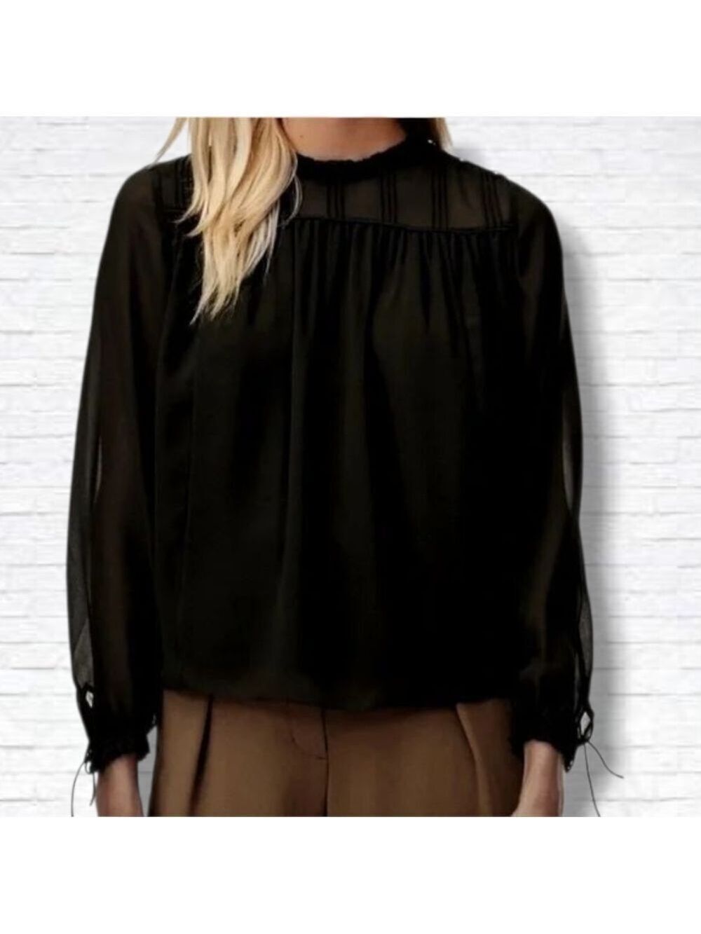 Aritzia Wilfred Black Lourdes Collared Long Sleeve Sheered Blouse Size S